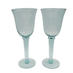 Vintage Hand-Blown Aqua Stemmed Glasses, Retro Wine/Water Goblets, Retro Barware
